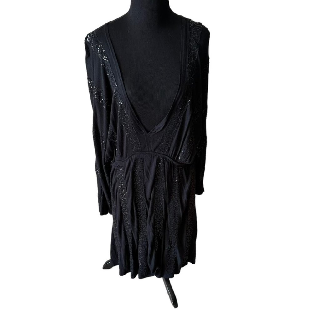 Black plunging neckline jersey mini dress tunic by sequin with sequin stripes